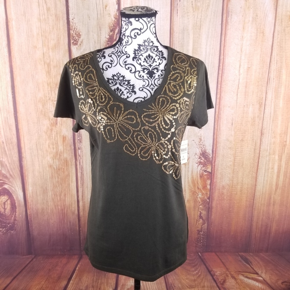 Coldwater Creek Brown & Gold Floral Sequin Top B59